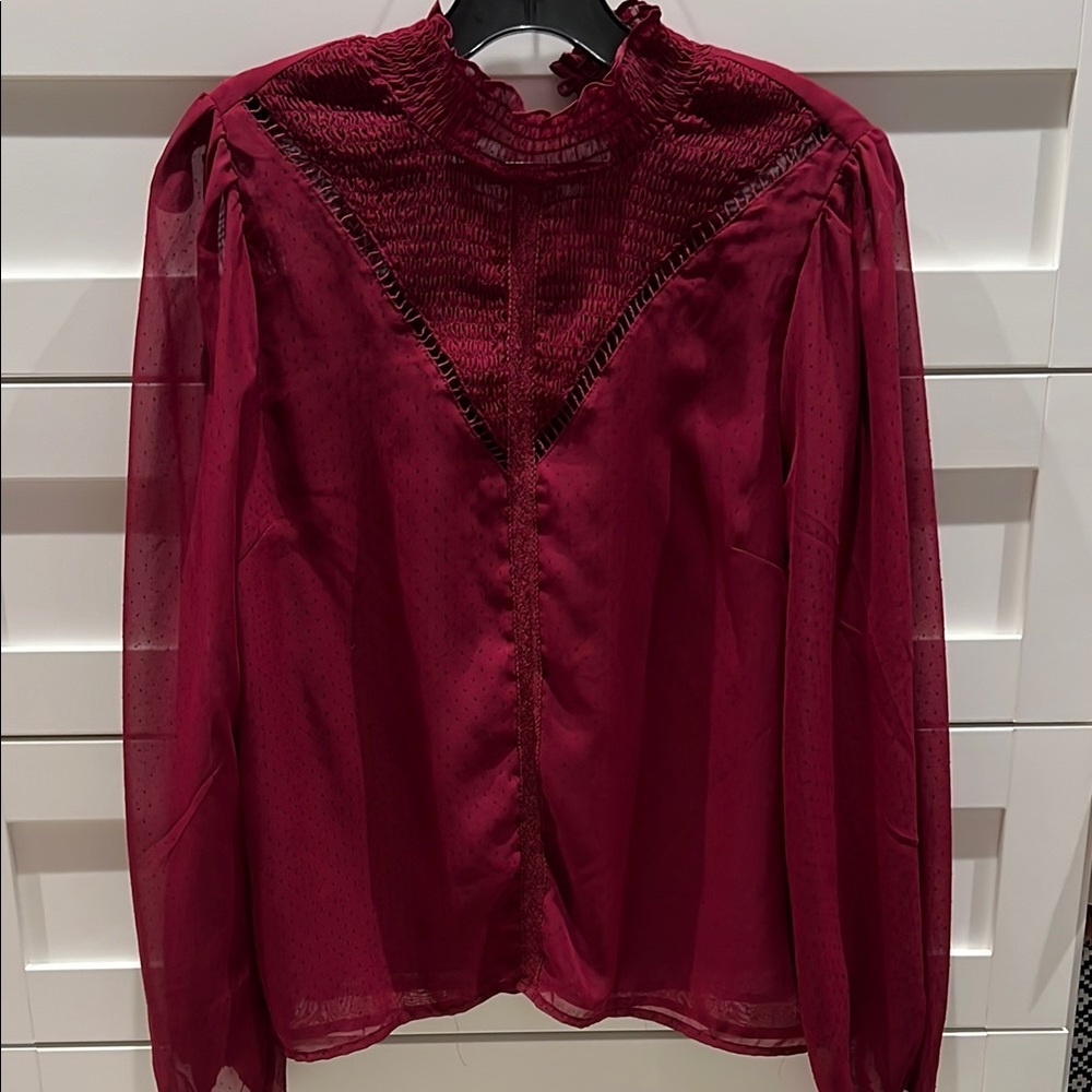 Aqua Red Smocked Long Sleeve Blouse